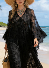 Black Hollow Out Loose Lace Maxi Dresses V Neck Summer 2