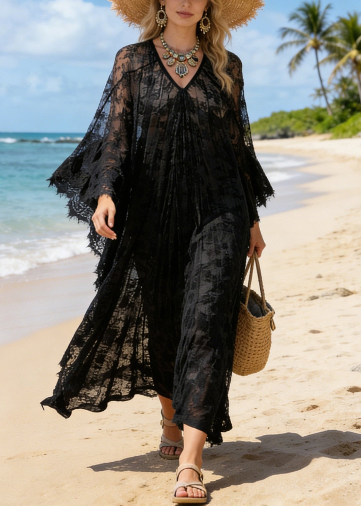 Black Hollow Out Loose Lace Maxi Dresses V Neck Summer 3