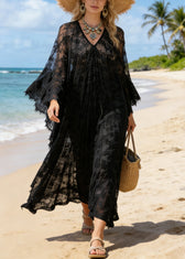 Black Hollow Out Loose Lace Maxi Dresses V Neck Summer 3