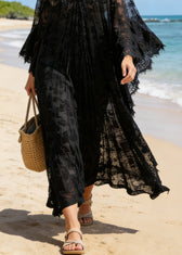 Black Hollow Out Loose Lace Maxi Dresses V Neck Summer 4