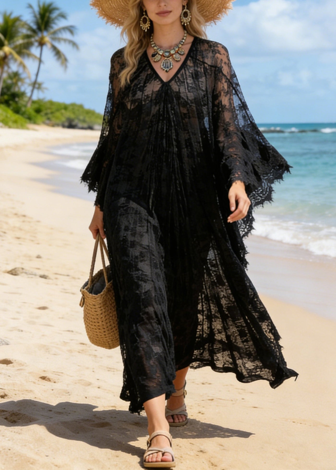 Black Hollow Out Loose Lace Maxi Dresses V Neck Summer 5
