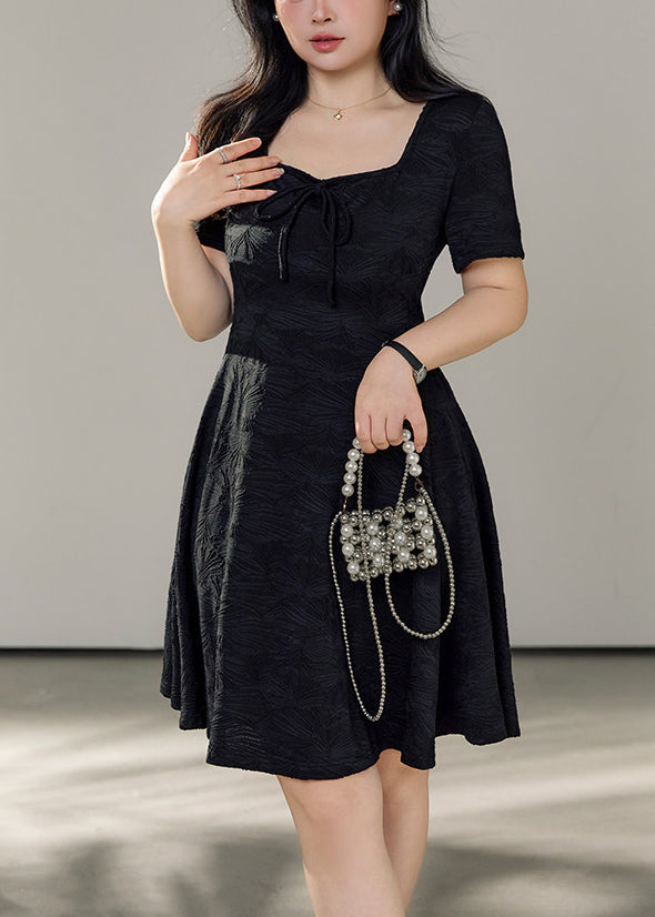 Jacquard Square Neck Tie Front Short Sleeve Fit and Flare Mini Dress