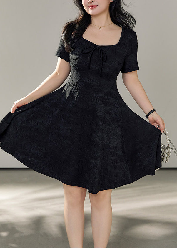 Jacquard Square Neck Tie Front Short Sleeve Fit and Flare Mini Dress