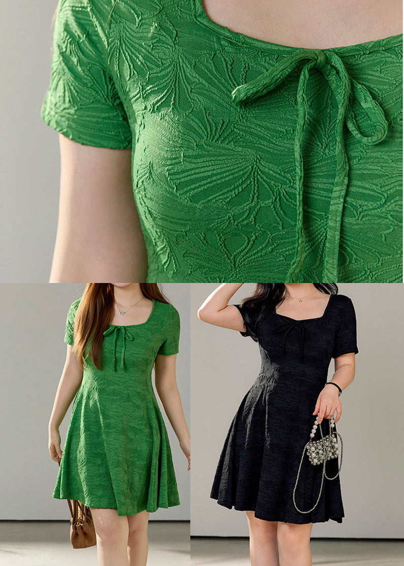 Jacquard Square Neck Tie Front Short Sleeve Fit and Flare Mini Dress