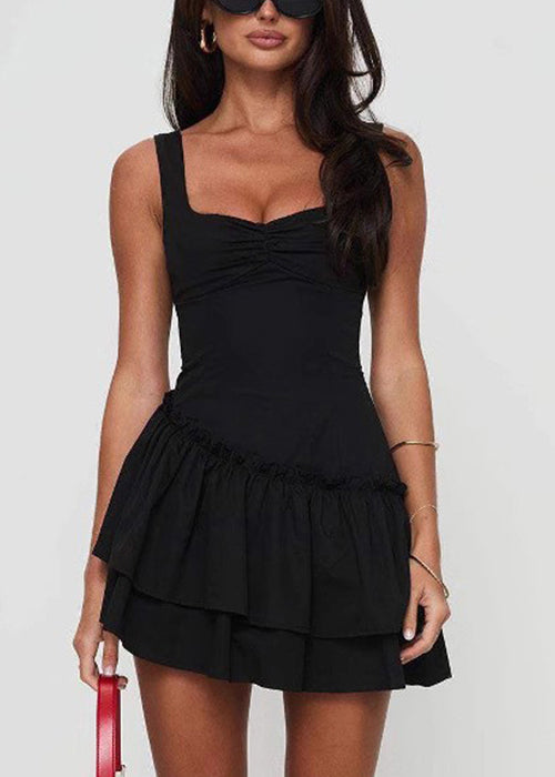 Black Lace Up Cotton Spaghetti Strap Dress Ruffled Sleeveless