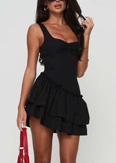 Black Lace Up Cotton Spaghetti Strap Dress Ruffled Sleeveless 2
