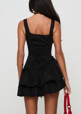 Black Lace Up Cotton Spaghetti Strap Dress Ruffled Sleeveless 4