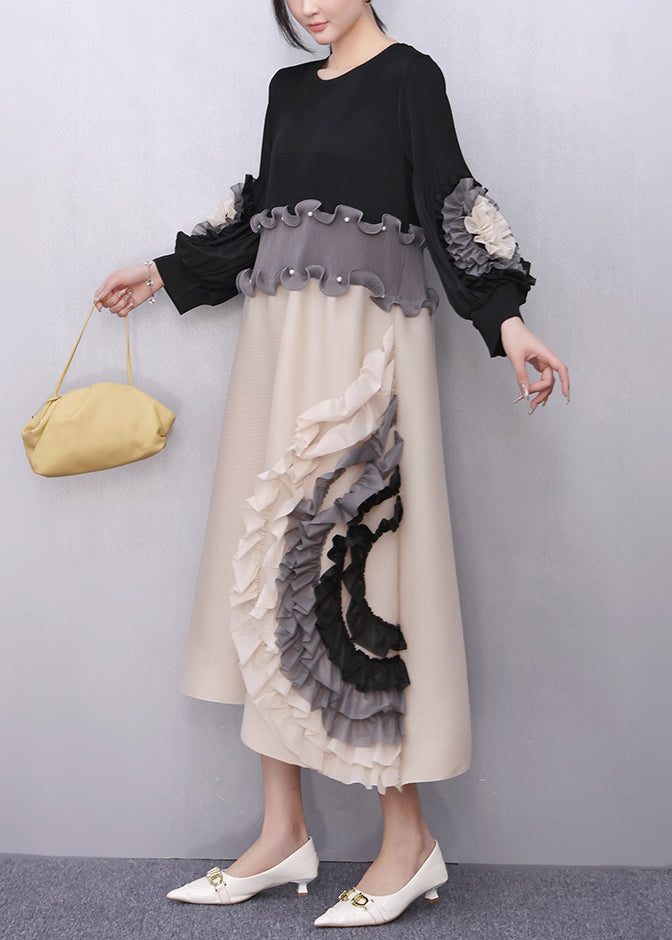 Black Nail Bead Floral Patchwork Fall Maxi Dresses Ruffled 3