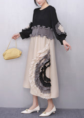 Black Nail Bead Floral Patchwork Fall Maxi Dresses Ruffled 3