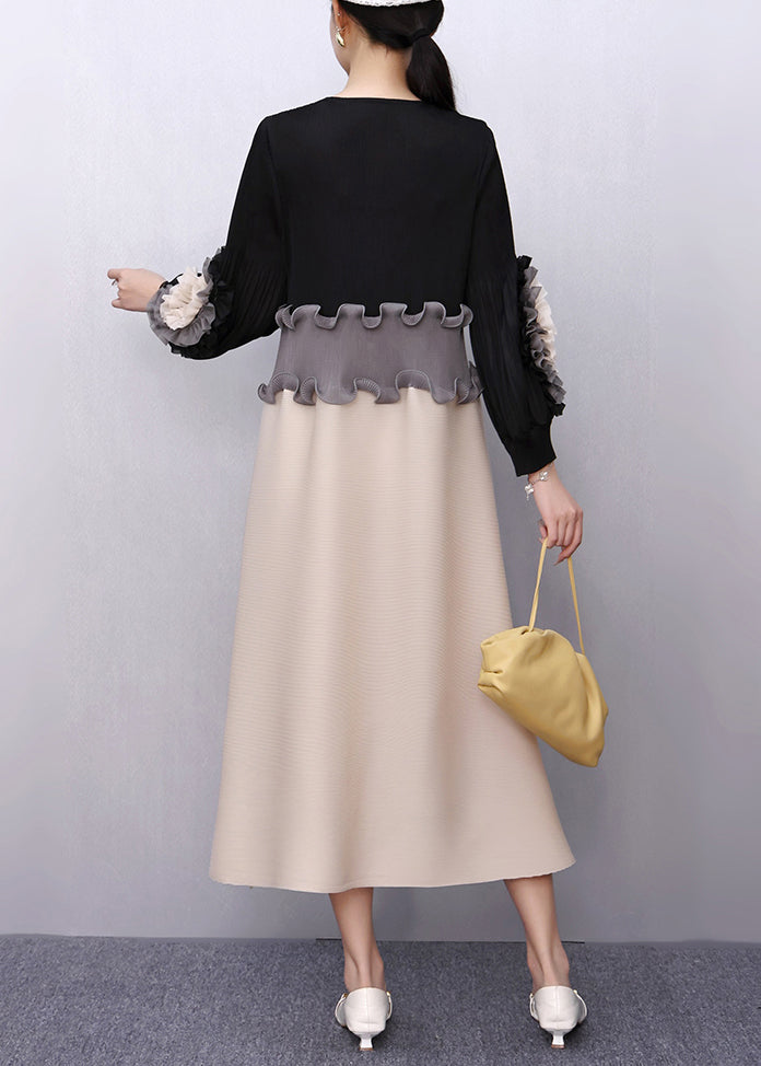 Black Nail Bead Floral Patchwork Fall Maxi Dresses Ruffled 4