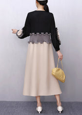 Black Nail Bead Floral Patchwork Fall Maxi Dresses Ruffled 4