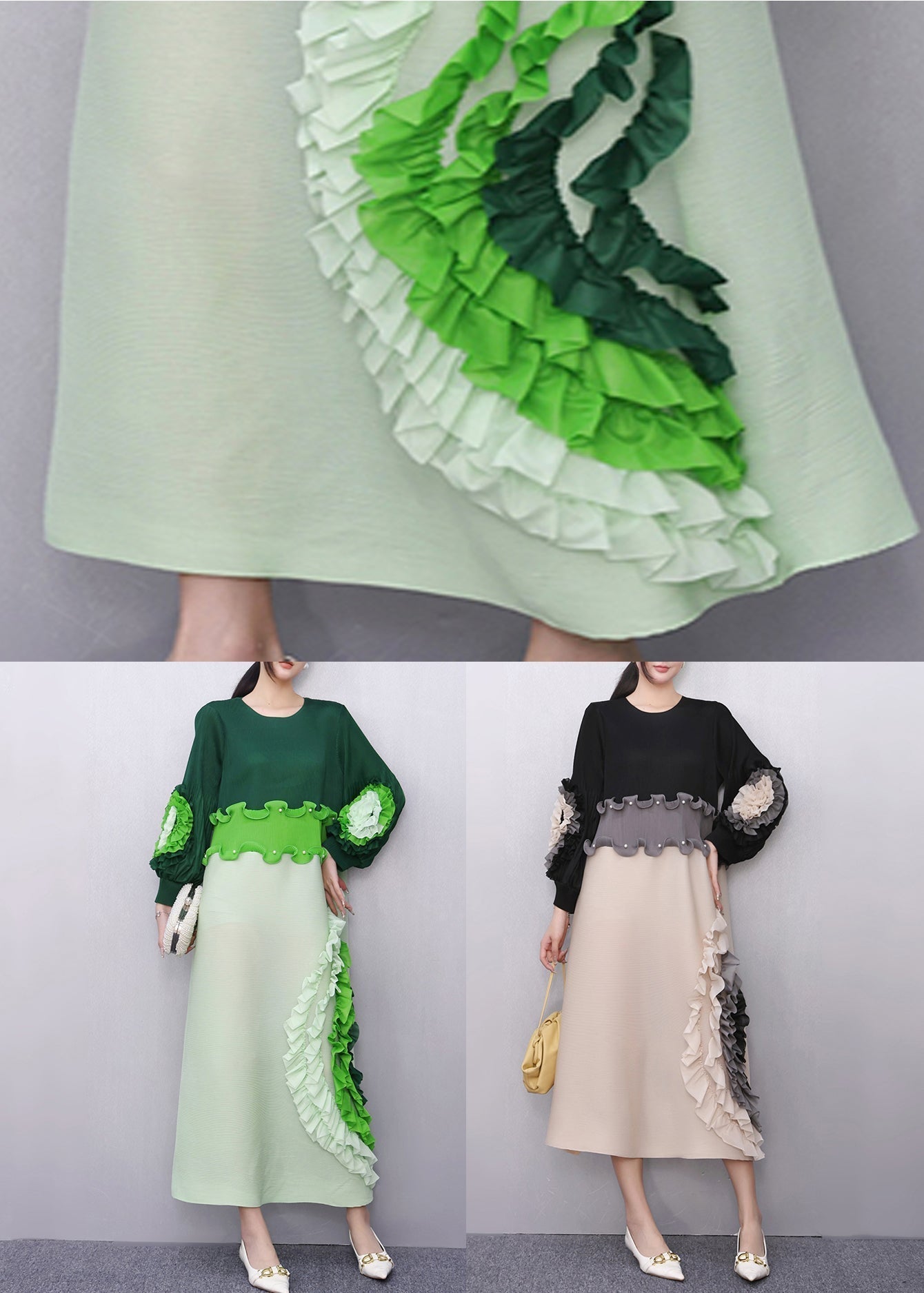 Black Nail Bead Floral Patchwork Fall Maxi Dresses Ruffled 5