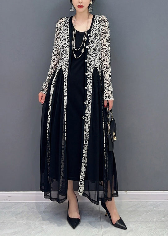 Black Patchwork Button Tulle Long Dresses Long Sleeve 2