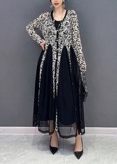Black Patchwork Button Tulle Long Dresses Long Sleeve 3