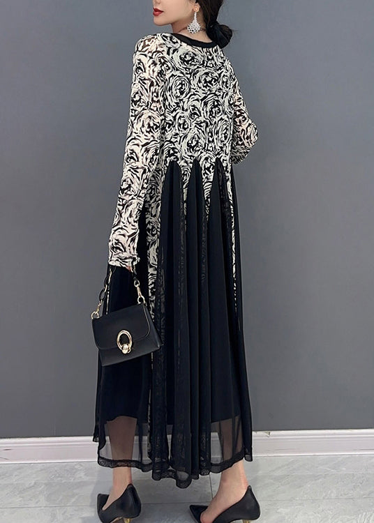 Black Patchwork Button Tulle Long Dresses Long Sleeve 4