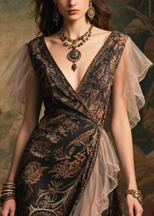 Paisley Print Wrap Deep V-Neck Sheer Butterfly Sleeve Ruffle Trim High Split Maxi Gown