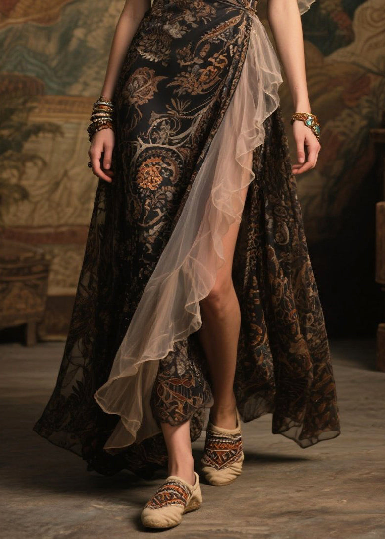 Paisley Print Wrap Deep V-Neck Sheer Butterfly Sleeve Ruffle Trim High Split Maxi Gown