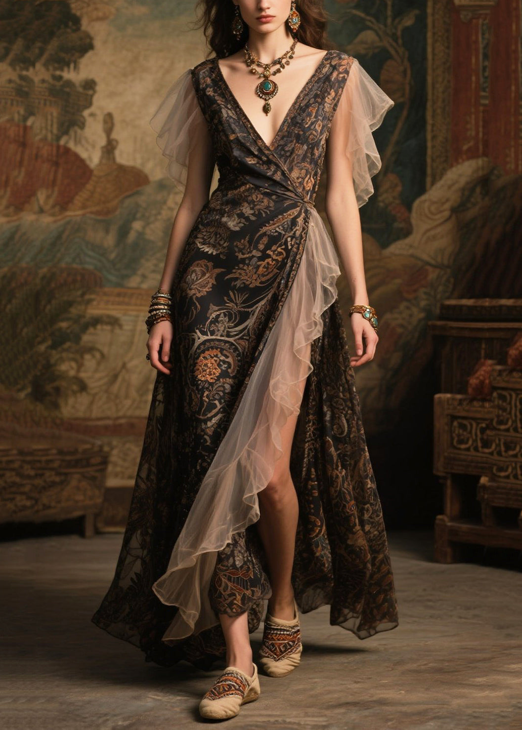 Paisley Print Wrap Deep V-Neck Sheer Butterfly Sleeve Ruffle Trim High Split Maxi Gown