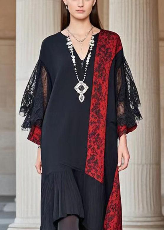 Lace Deep V-Neck Bell Sleeve Floral Panel Asymmetrical High Low Maxi Dress