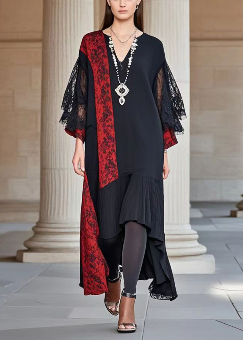 Lace Deep V-Neck Bell Sleeve Floral Panel Asymmetrical High Low Maxi Dress