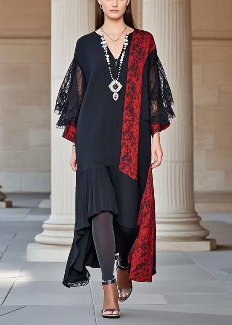 Lace Deep V-Neck Bell Sleeve Floral Panel Asymmetrical High Low Maxi Dress