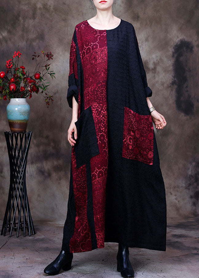 Lace Print Panel Patchwork Round Neck Long Sleeve Front Pocket Oversized Maxi Dress