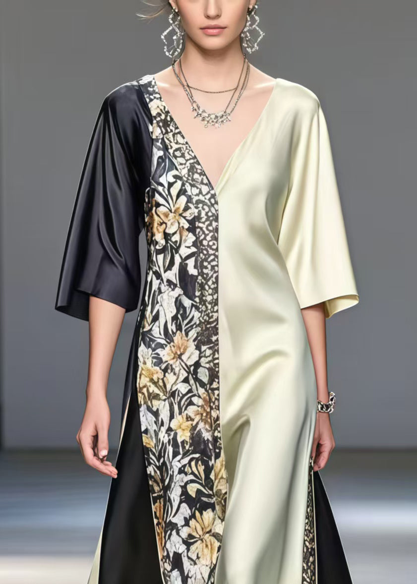 Satin Deep V-Neck Color Block Floral Panel Asymmetrical Maxi Gown