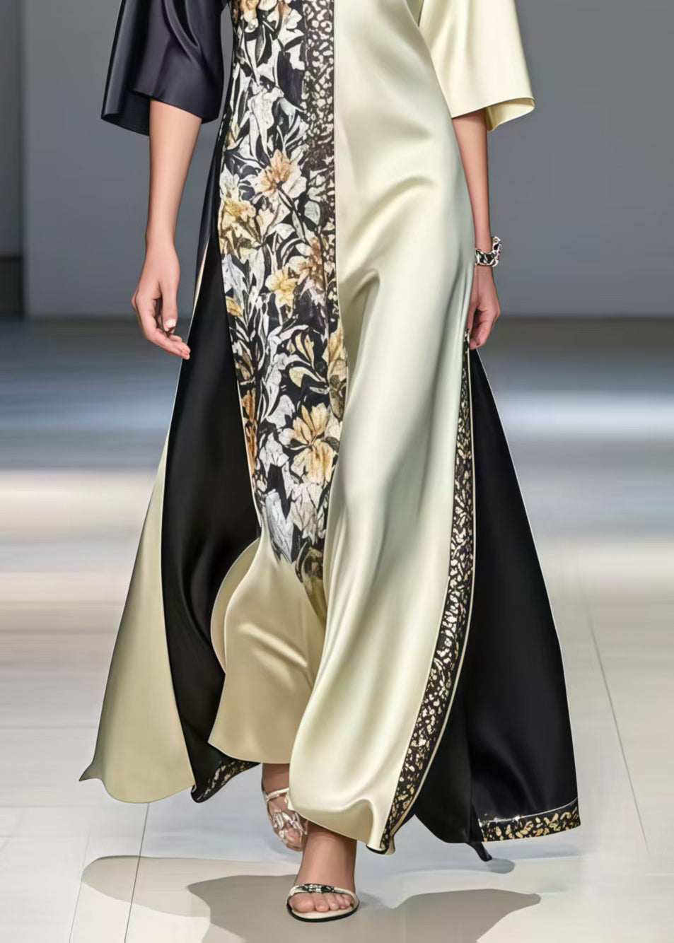 Satin Deep V-Neck Color Block Floral Panel Asymmetrical Maxi Gown