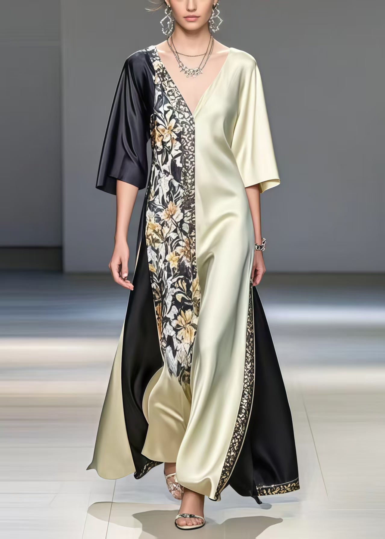Satin Deep V-Neck Color Block Floral Panel Asymmetrical Maxi Gown