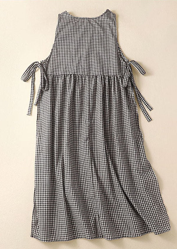 Gingham Check Empire Waist Side Tie Patch Pocket Sleeveless Midi Dress