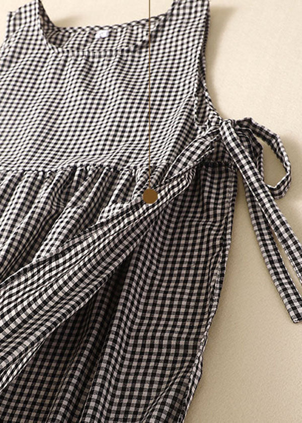 Gingham Check Empire Waist Side Tie Patch Pocket Sleeveless Midi Dress