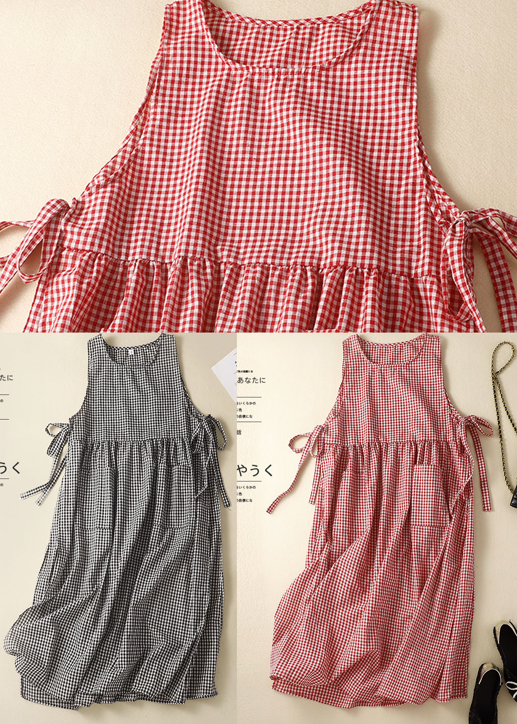 Gingham Check Empire Waist Side Tie Patch Pocket Sleeveless Midi Dress