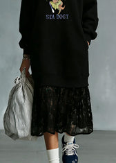 Black Pockets Lace Patchwork Warm Fleece Maxi Dresses O Neck Spring 4