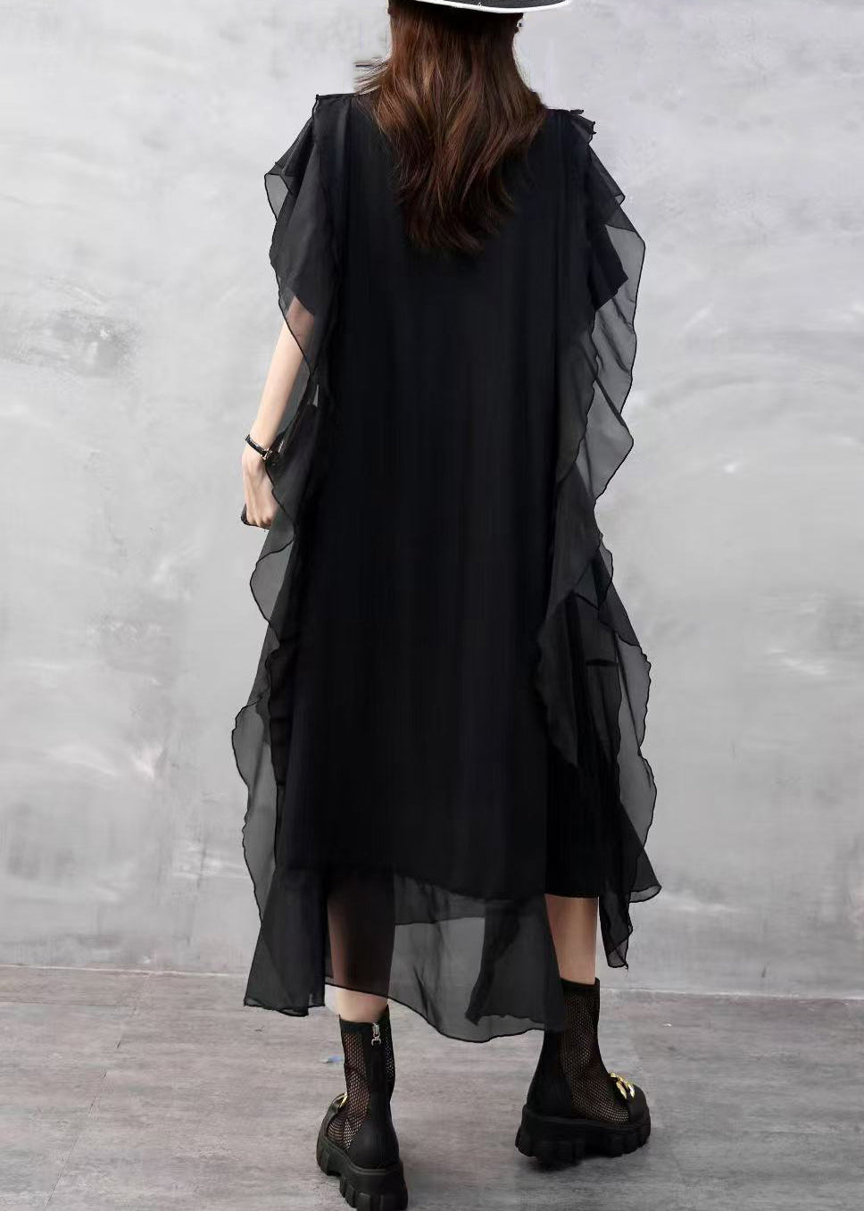 Sleeveless Chiffon Round Neck Side Ruffle Layered Hem Midi Dress