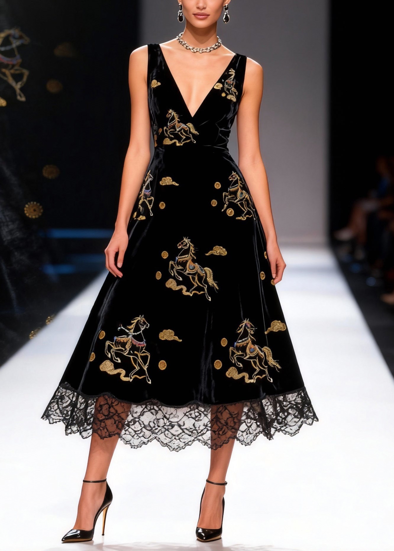 Velvet Deep V-Neck Sleeveless Horse Embroidered Lace Trim A-Line Midi Dress