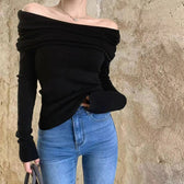 Sexy Slash Neck Pleated Knitted Sweater Black / S