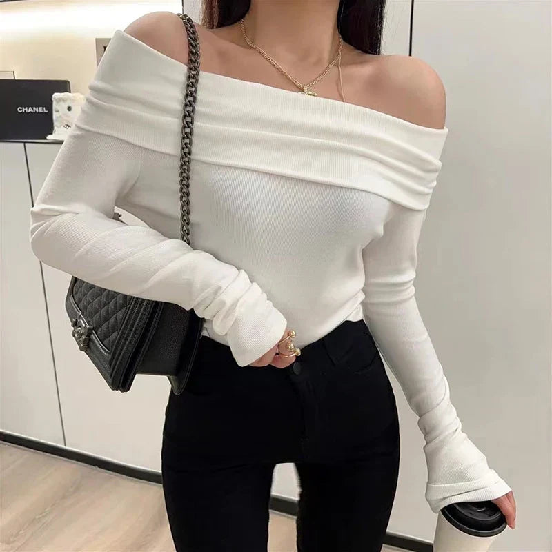 Off Shoulder Fold Over Long Sleeve Ribbed Knit Fitted Sweater 2
