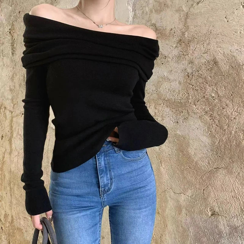 Off Shoulder Fold Over Long Sleeve Ribbed Knit Fitted Sweater