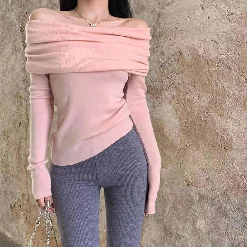 Off Shoulder Fold Over Long Sleeve Ribbed Knit Fitted Sweater 3