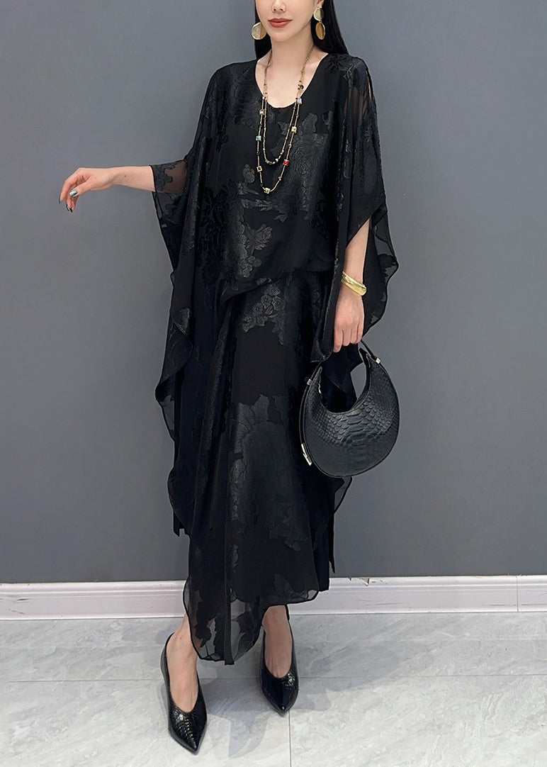 Floral Burnout Sheer V-Neck Batwing Sleeve Kaftan Maxi Dress