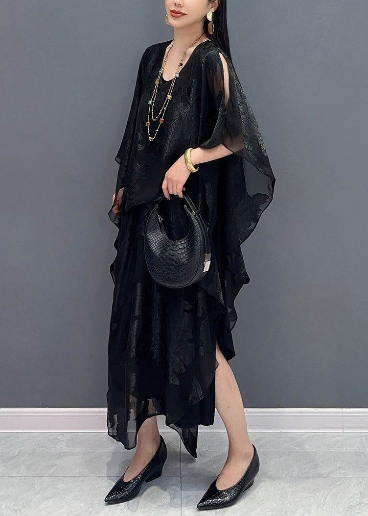 Floral Burnout Sheer V-Neck Batwing Sleeve Kaftan Maxi Dress
