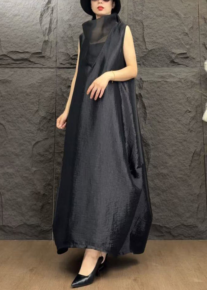 Sleeveless Funnel Neck Mesh Cut Out Oversized Cocoon Maxi Dress