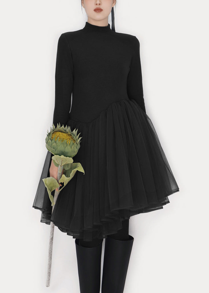 Black Solid Tulle Patchwork Winter Mini Dresses Turtleneck 2