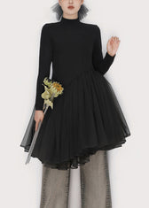 Black Solid Tulle Patchwork Winter Mini Dresses Turtleneck 3