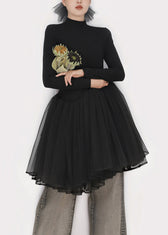 Black Solid Tulle Patchwork Winter Mini Dresses Turtleneck 4