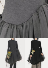Black Solid Tulle Patchwork Winter Mini Dresses Turtleneck 5