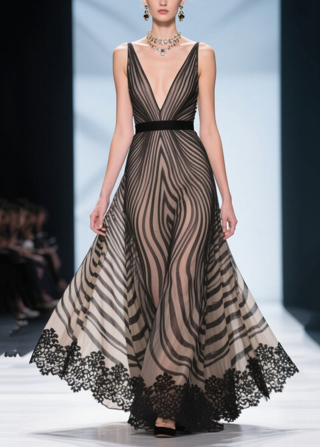 Wavy Stripe Print Deep V-Neck Spaghetti Strap Lace Trim Hem Maxi Gown