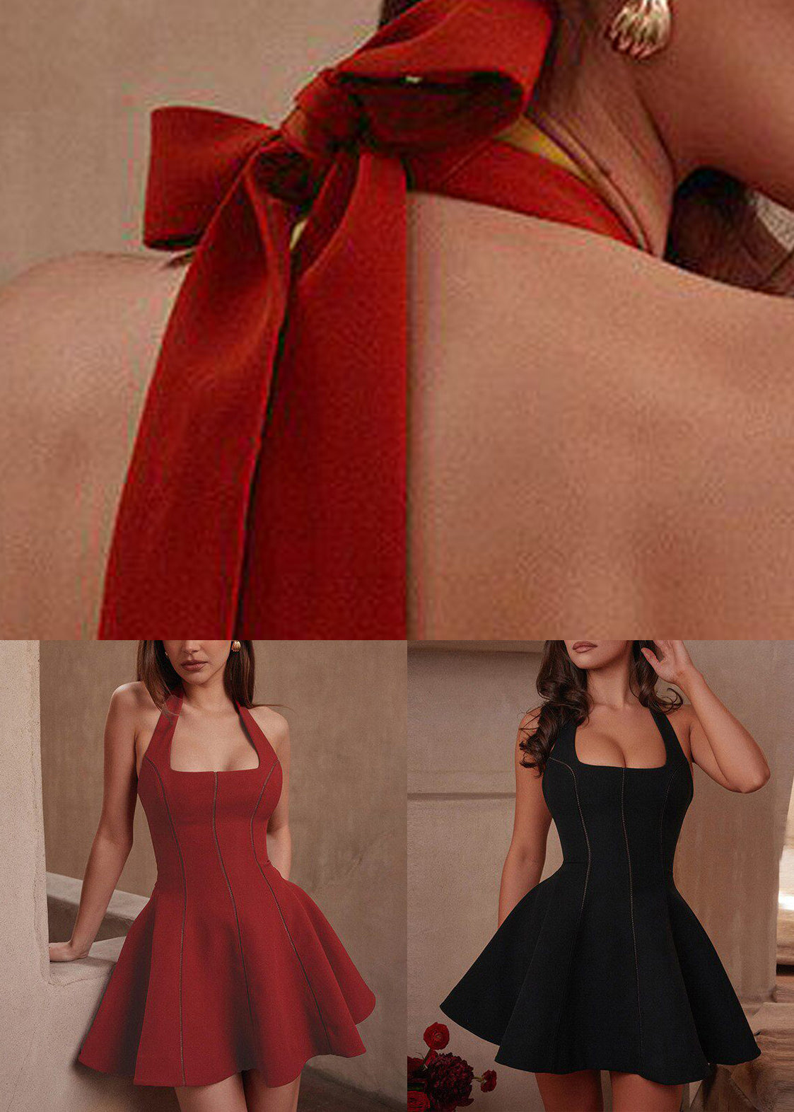 Halter Neck Square Neck Corset Panel Fit and Flare Mini Dress