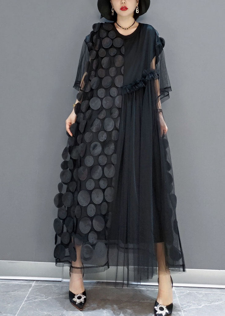 Mesh Asymmetrical Round Neck Elbow Sleeve Disc Applique Pleated Maxi Party Dress