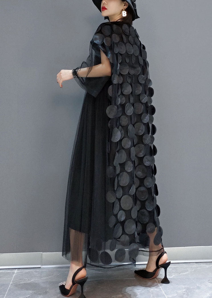 Mesh Asymmetrical Round Neck Elbow Sleeve Disc Applique Pleated Maxi Party Dress